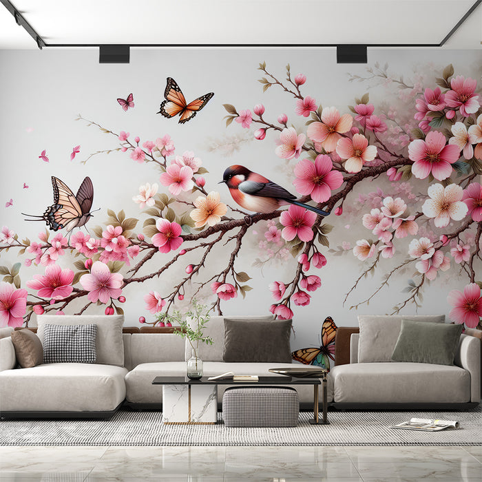 Papier peint cerisier japonais | Oiseaux et papillons sur les branches de fleurs de cerisier roses