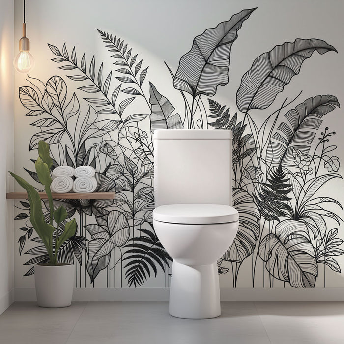 Papier peint toilette | Feuillage tropical en noir et blanc, style esquisse