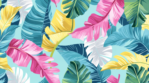 Papier peint tropical vibrant avec de grandes feuilles exotiques aux teintes rose, jaune, bleu et vert sur fond clair, créant une ambiance joyeuse et estivale.