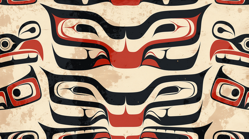Papier peint au design tribal avec des motifs stylisés en noir, rouge et crème, évoquant une ambiance culturelle et artistique riche.