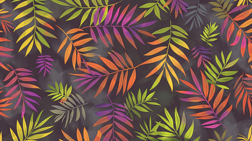 Papier peint tropical aux motifs de feuilles colorées dans des teintes vives de vert, orange, violet et rose, créant une ambiance dynamique et chaleureuse.
