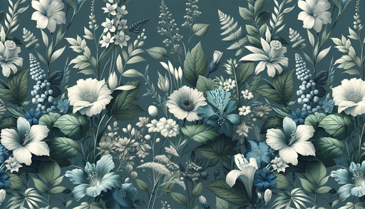 Papier peint floral aux teintes de bleu et de vert, présentant des motifs luxuriants de fleurs et de feuillages, créant une ambiance apaisante et naturelle.