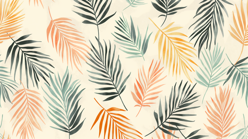 Papier peint aux motifs de feuilles tropicales dans des teintes douces de vert, orange et noir sur fond crème, créant une ambiance fraîche et apaisante.