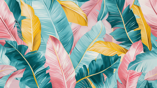 Papier peint tropical aux grandes feuilles exotiques dans des teintes de vert, rose et jaune, créant une ambiance vibrante et ensoleillée.