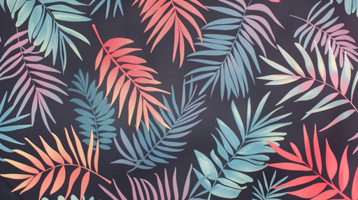 Papier peint tropical aux motifs de feuilles colorées, mêlant des teintes de bleu et de rose sur fond noir, créant une ambiance vivante et dynamique.