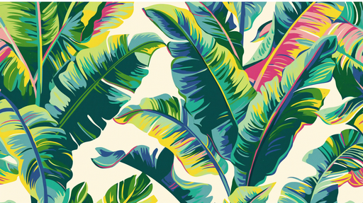 Papier peint tropical aux grandes feuilles vertes et jaunes sur fond clair, créant une ambiance vivante et exotique.