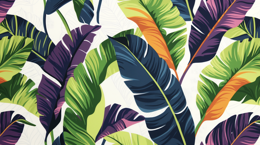 Papier peint tropical aux grandes feuilles vertes, violettes et orange sur fond clair, créant une ambiance vivante et exotique.