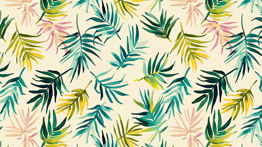 Papier peint tropical aux motifs de feuilles exotiques dans des teintes vertes, jaunes et roses sur fond clair, évoquant une ambiance fraîche et vivante.