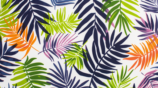 Papier peint tropical aux motifs de grandes feuilles colorées dans des teintes vives de vert, orange et violet sur fond blanc, créant une ambiance joyeuse et vivante.