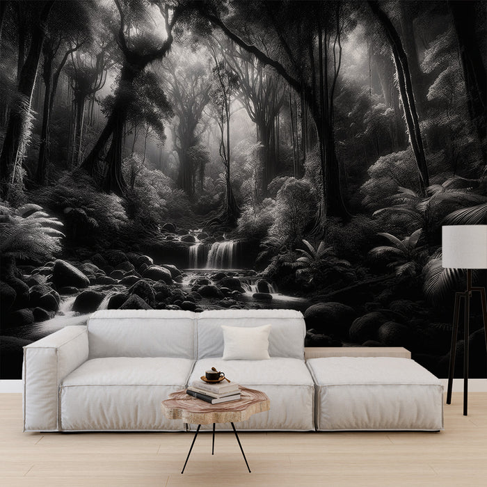 Papier peint tropical noir et blanc | Cascade et rivières au fond d'une forêt tropicale