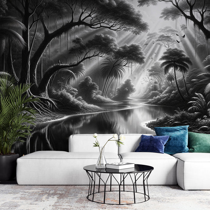 Papier peint tropical noir et blanc | Rivière calme au milieu d'une forêt tropicale massive