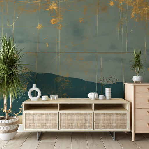 Un salon contemporain avec un papier peint aux nuances bleu-vert et dorées, créant une atmosphère élégante et artistique.