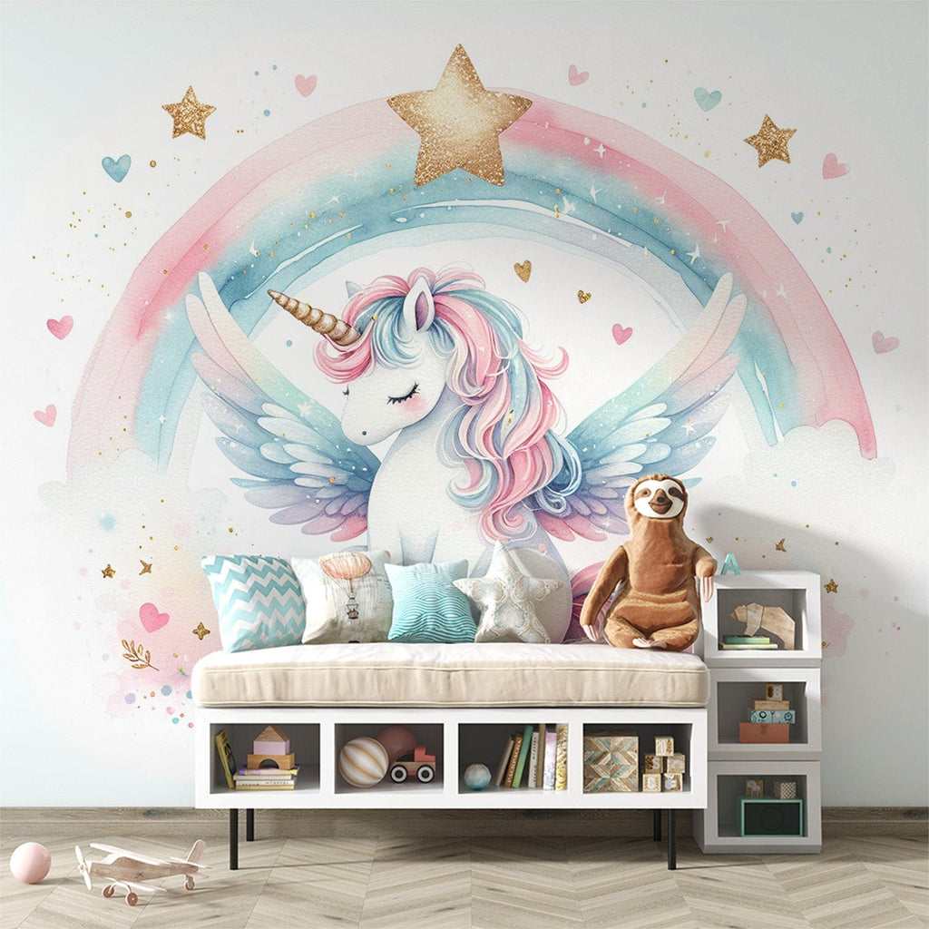 DECOWALL GSD4-8089 Stickers Muraux Phosphorescents Licorne Pour Enfants Étoiles Château Lumineux Lune Arc-en-ciel Plafond Décoration De Chambre Lumineuse Filles Garçons