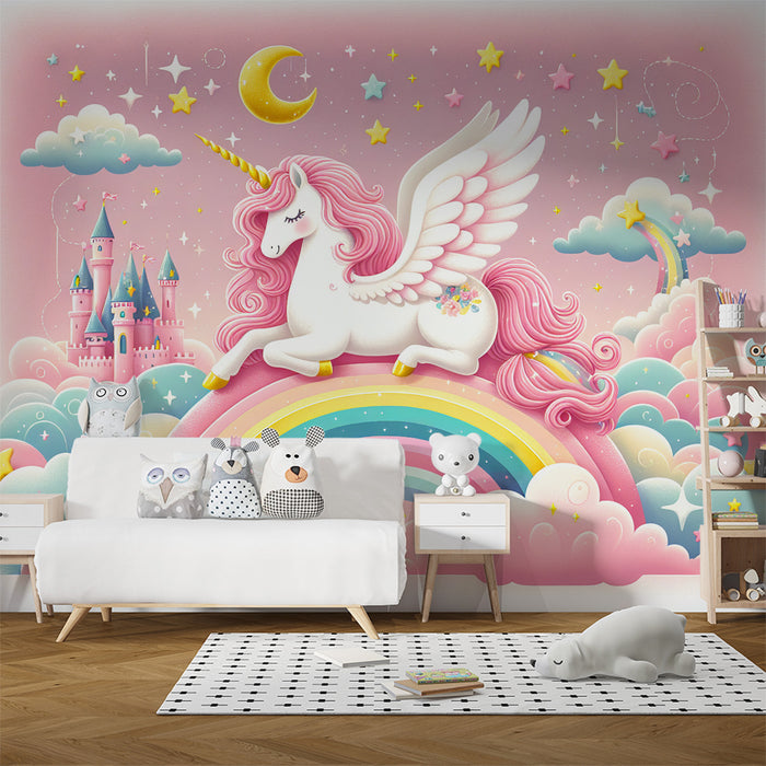 Papier peint arc-en-ciel | Licorne, étoiles et château sur fond rose