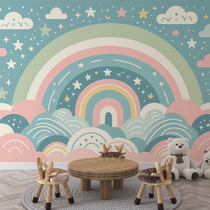 Papier peint arc-en-ciel | Nuages multicolores avec étoiles et arc-en-ciel