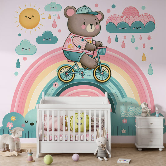 Papier peint arc-en-ciel | Ours a vélo, soleil et pluie sur fond rose