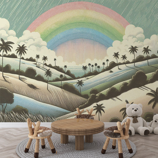 Papier peint arc-en-ciel | Vallée tropicale avec arc-en-ciel coloré en fond