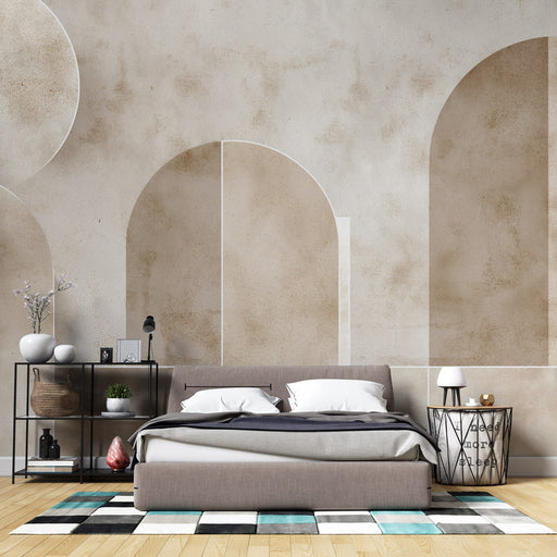 Une chambre moderne avec un papier peint aux formes géométriques beige et crème créant une atmosphère chaleureuse et apaisante.