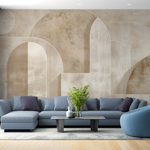 Un salon contemporain avec un papier peint aux motifs géométriques en nuances de beige et de taupe, créant une ambiance moderne et apaisante.