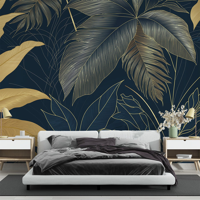 Papier peint art déco | Composition botanique dorée sur fond dégradé bleu nuit et noir