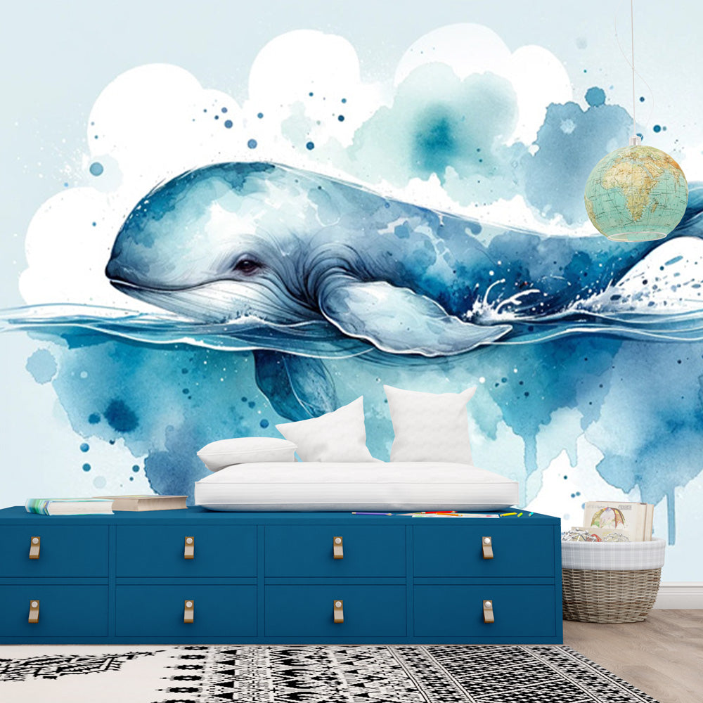 Papier peint baleine bleue | Aquarelle bleutée