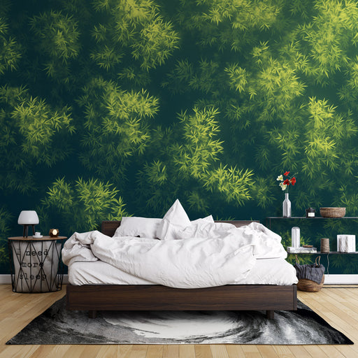 Une chambre moderne avec un papier peint représentant des feuillages délicats dans des teintes vertes sur fond sombre, créant une atmosphère apaisante et naturelle.