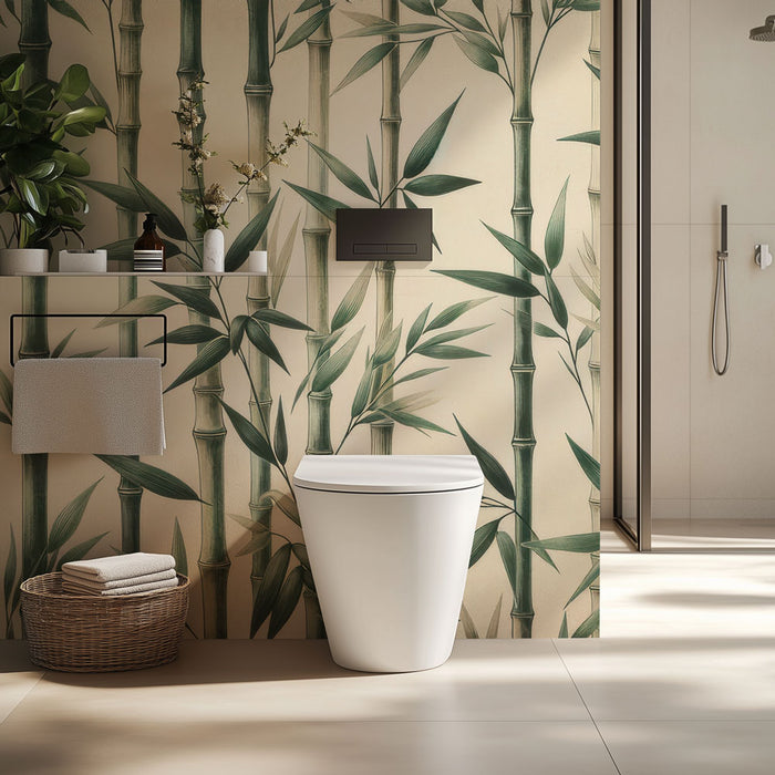 Papier peint toilette | Motif de cannes vertes sur fond beige doux