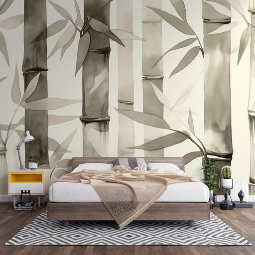 Une chambre moderne avec un papier peint représentant des bambous en aquarelle dans des teintes douces, créant une ambiance zen et apaisante.