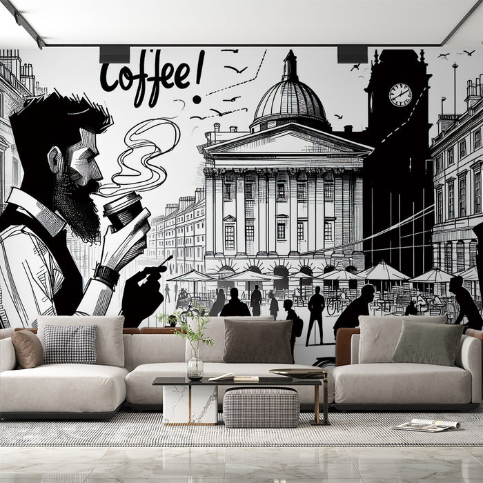 Papier peint bande dessinée | Café londonien avec big ben en noir et blanc