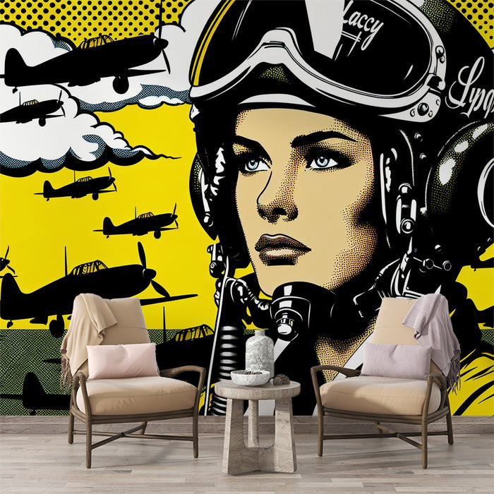 Papier peint bande dessinée | Femme pilote d'avion de chasse style pop art