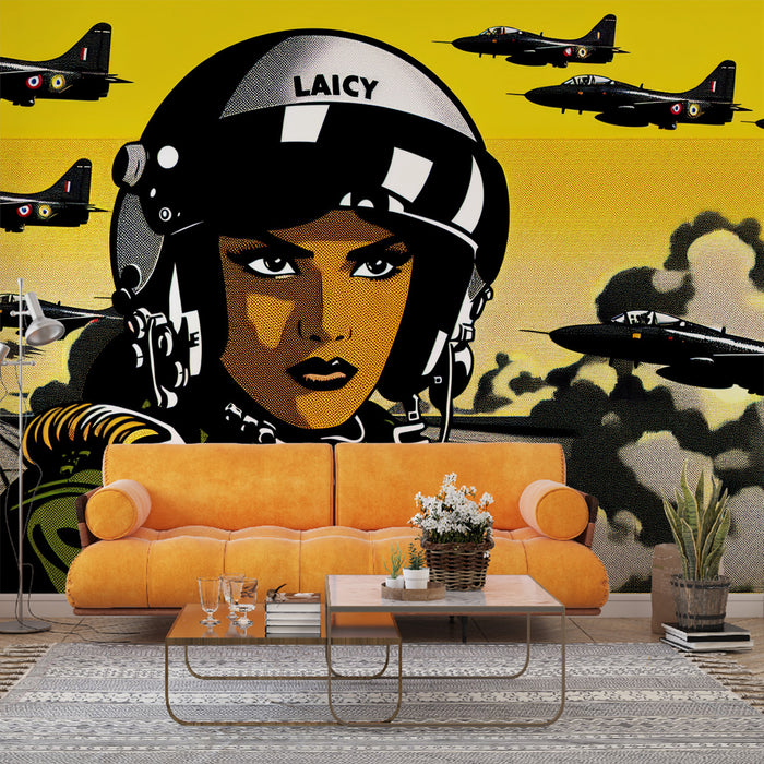 Papier peint bande dessinée | Pop art avec avion de chasse et ciel jaune