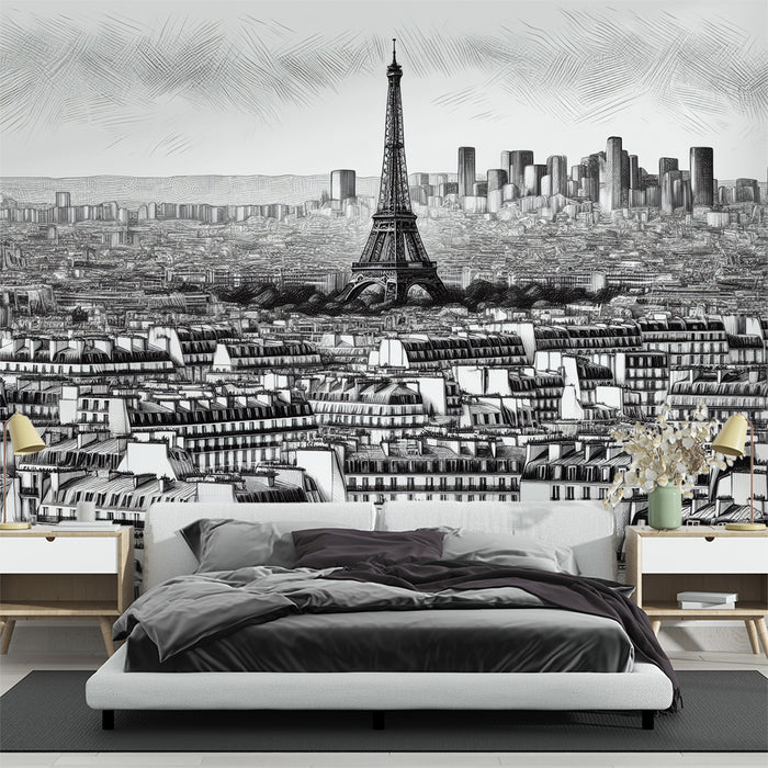 Papier peint bande dessinée | Tour Eiffel, toits haussmanniens et la défense