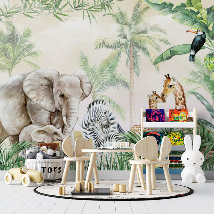Papier peint chambre bébé | Famille animaux de la jungle