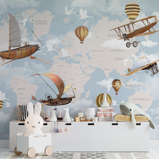 Papier peint carte du monde | Montgolfière et Avion