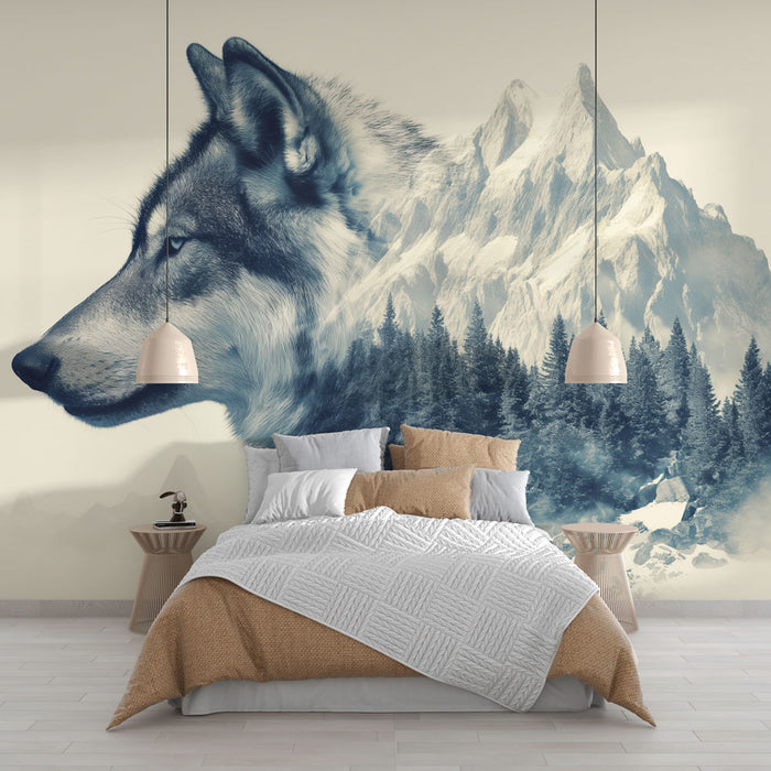 Papier peint collage | Loup et montagne