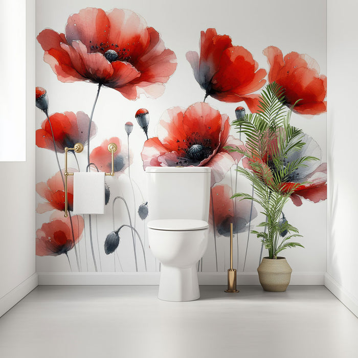 Papier peint toilette | Fleurs rouges vibrantes en aquarelle délicate