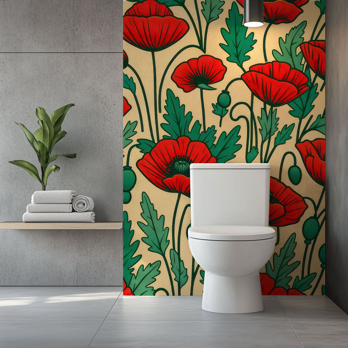 Papier peint toilette | Motif floral audacieux en rouge et vert sur fond crème