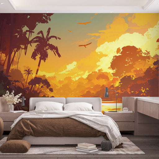 Une chambre apaisante avec un papier peint tropical aux teintes chaudes d'orange et de jaune, évoquant un coucher de soleil sur une jungle luxuriante.