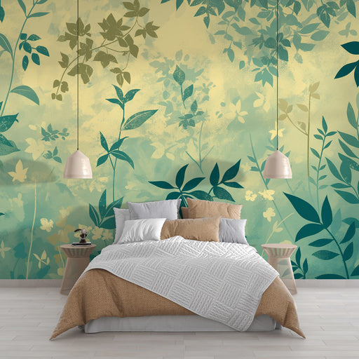 Une chambre lumineuse avec un papier peint floral aux teintes vertes et jaunes, évoquant une atmosphère apaisante et naturelle.