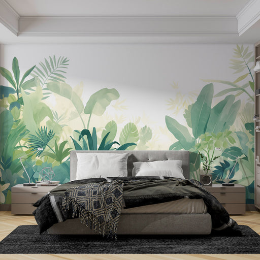Une chambre moderne avec un papier peint tropical aux nuances de vert représentant de grandes feuilles exotiques, créant une atmosphère apaisante et naturelle.