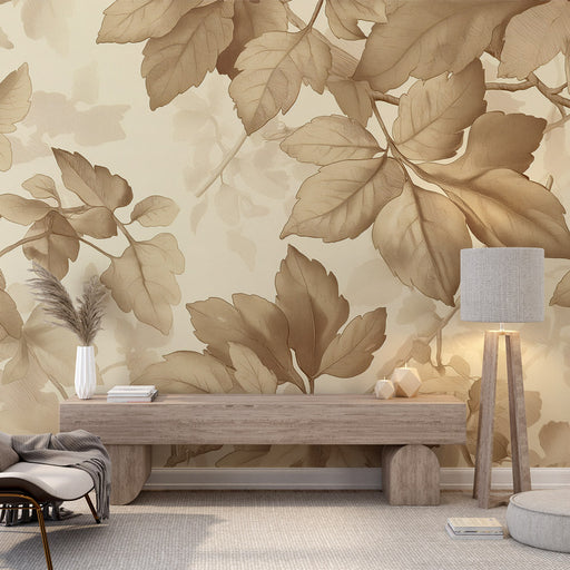 Une pièce lumineuse avec un papier peint aux motifs de feuilles délicates dans des tons beige et marron, créant une ambiance naturelle et apaisante.