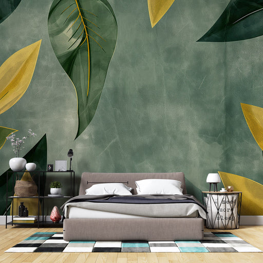 Une chambre moderne avec un papier peint aux grandes feuilles vertes et jaunes sur fond texturé, créant une ambiance naturelle et apaisante.