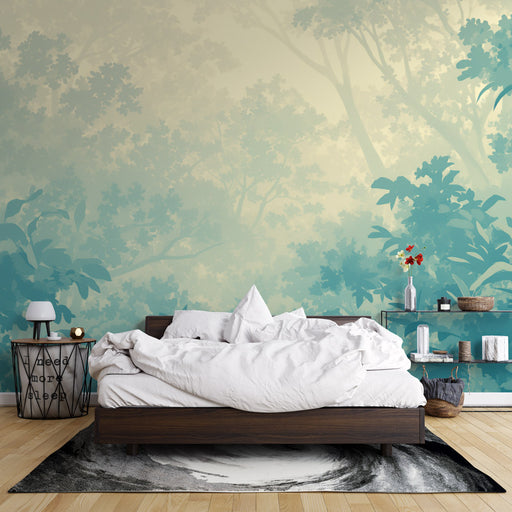Une chambre apaisante avec un papier peint représentant une forêt stylisée en dégradé de bleu et vert sur fond clair, créant une atmosphère sereine et naturelle.