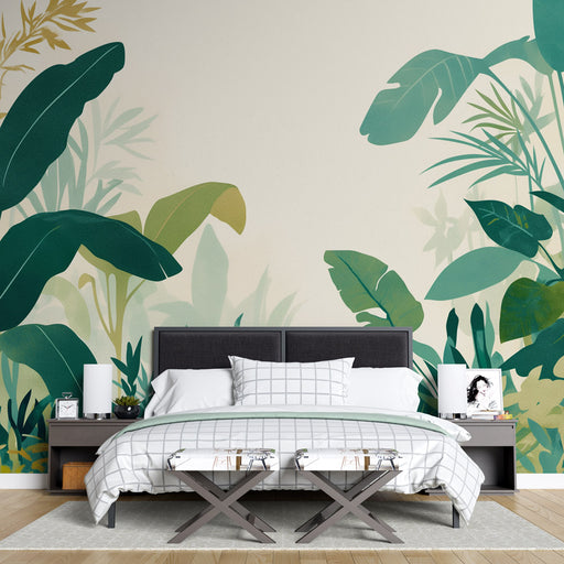 Une chambre moderne avec un papier peint tropical aux grandes feuilles vertes sur fond clair, créant une ambiance apaisante et naturelle.