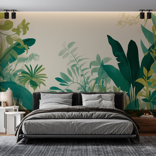 Une chambre moderne avec un papier peint tropical aux nuances de vert représentant de grandes feuilles exotiques, créant une atmosphère apaisante et naturelle.