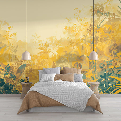 Une chambre lumineuse avec un papier peint floral aux teintes jaunes et vertes évoquant une ambiance chaleureuse et naturelle.