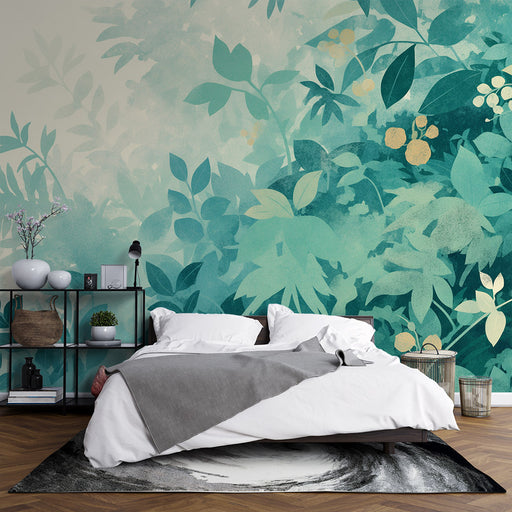 Une chambre moderne avec un papier peint tropical aux nuances de vert et bleu, représentant des feuillages délicats qui créent une atmosphère apaisante et naturelle.