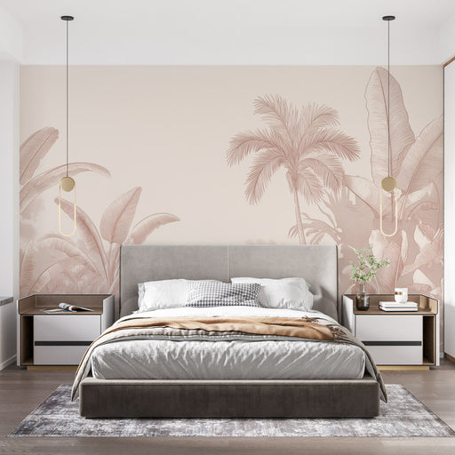 Une chambre moderne avec un papier peint représentant des palmiers et des feuilles tropicales dans des teintes douces, créant une atmosphère apaisante et chaleureuse.