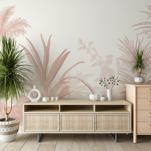 Un salon moderne avec un papier peint aux motifs de grandes feuilles tropicales dans des teintes rose pâle, créant une ambiance douce et apaisante.