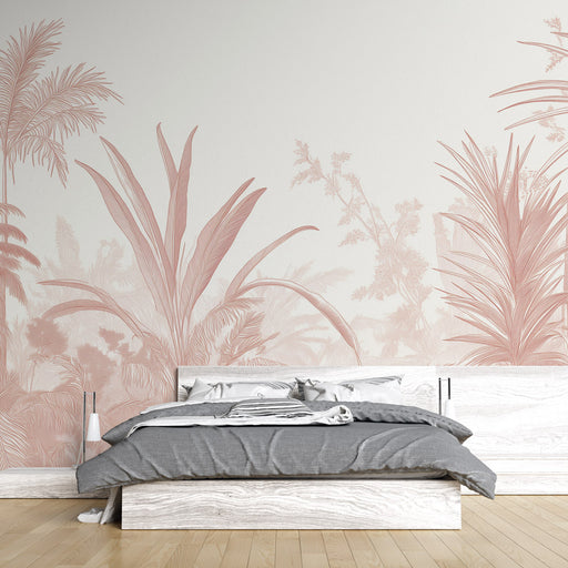 Une chambre moderne avec un papier peint tropical aux motifs de grandes feuilles dans des teintes rose pâle, évoquant une atmosphère douce et apaisante.